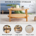 Tavolino rotondo a doppio strato in legno naturale, vetro temperato e ripiano in stile rattan, 1 persona