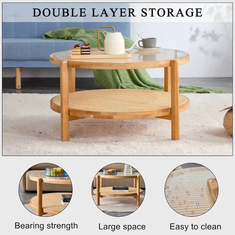 Tavolino rotondo a doppio strato in legno naturale, vetro temperato e ripiano in stile rattan, 1 persona