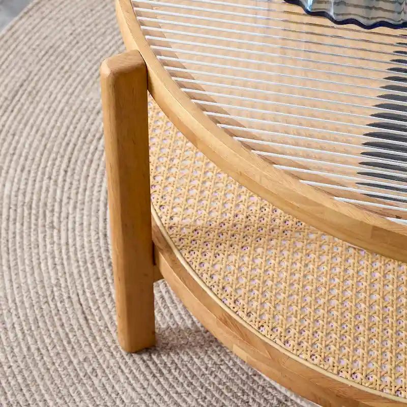 Tavolino rotondo a doppio strato in legno naturale, vetro temperato e ripiano in stile rattan, 1 persona