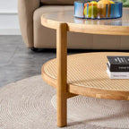 Tavolino rotondo a doppio strato in legno naturale, vetro temperato e ripiano in stile rattan, 1 persona