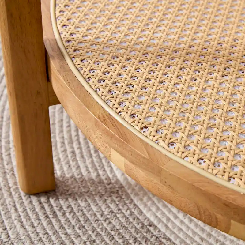 Tavolino rotondo a doppio strato in legno naturale, vetro temperato e ripiano in stile rattan, 1 persona