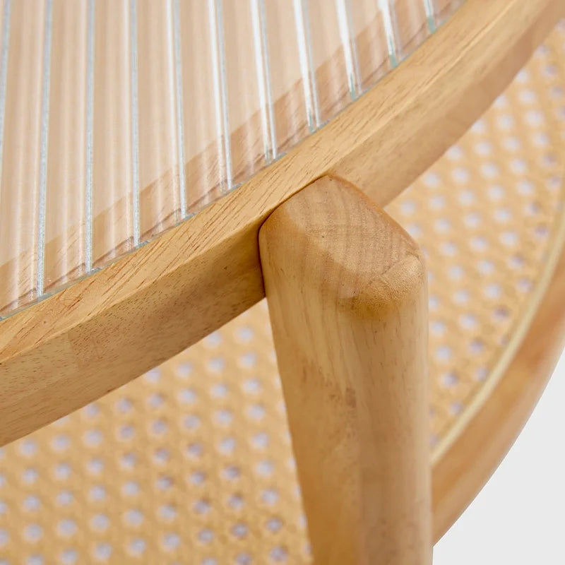 Tavolino rotondo a doppio strato in legno naturale, vetro temperato e ripiano in stile rattan, 1 persona
