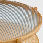 Tavolino rotondo a doppio strato in legno naturale, vetro temperato e ripiano in stile rattan, 1 persona