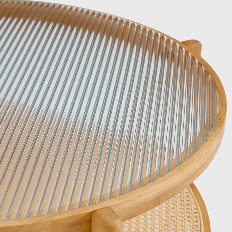 Tavolino rotondo a doppio strato in legno naturale, vetro temperato e ripiano in stile rattan, 1 persona