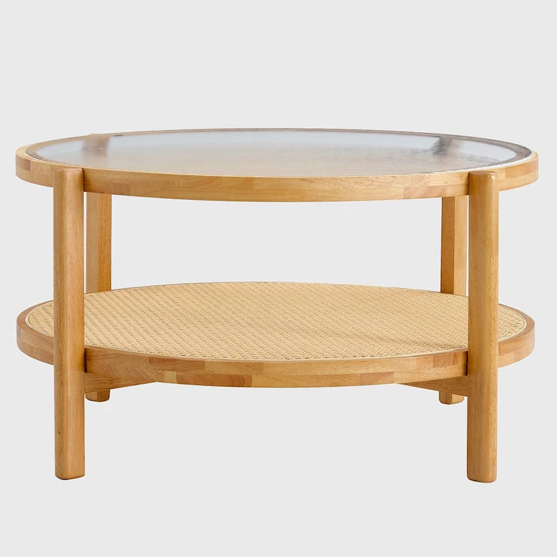 Tavolino rotondo a doppio strato in legno naturale, vetro temperato e ripiano in stile rattan, 1 persona