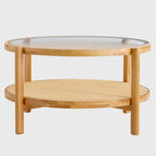Tavolino rotondo a doppio strato in legno naturale, vetro temperato e ripiano in stile rattan, 1 persona