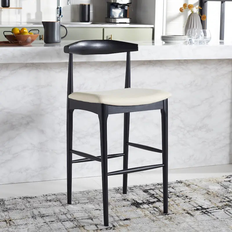 Sgabello da bar con schienale in legno curvato nero e crema, 76 cm H, seduta singola