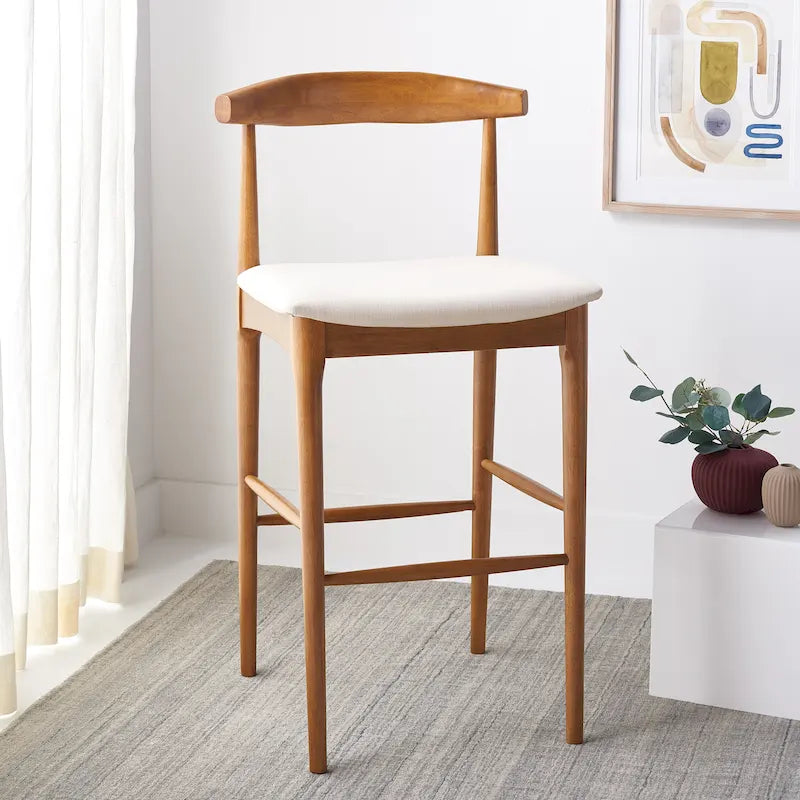 Sgabello da bar con schienale in legno curvato nero e crema, 76 cm H, seduta singola
