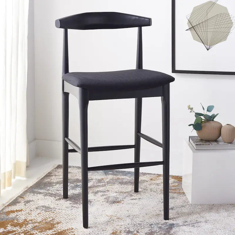 Sgabello da bar con schienale in legno curvato nero e crema, 76 cm H, seduta singola