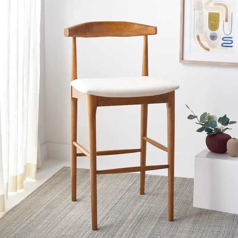 Sgabello da bar con schienale in legno curvato nero e crema, 76 cm H, seduta singola