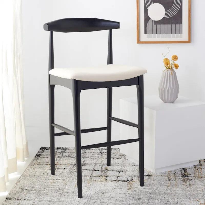 Sgabello da bar con schienale in legno curvato nero e crema, 76 cm H, seduta singola