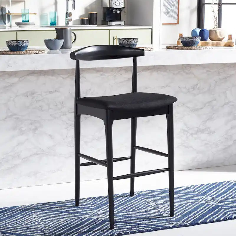 Sgabello da bar con schienale in legno curvato nero e crema, 76 cm H, seduta singola