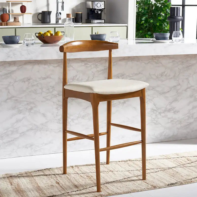 Sgabello da bar con schienale in legno curvato nero e crema, 76 cm H, seduta singola