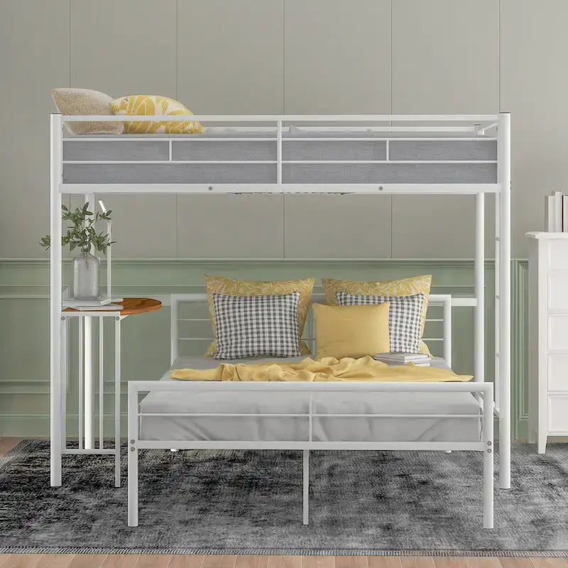 Letto a castello in metallo bianco metallizzato con scrivania, scaletta e doghe, due posti letto