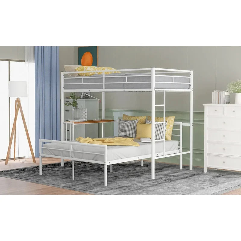 Letto a castello in metallo bianco metallizzato con scrivania, scaletta e doghe, due posti letto