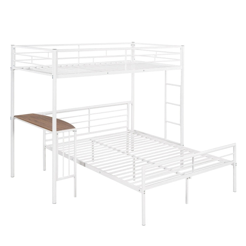Letto a castello in metallo bianco metallizzato con scrivania, scaletta e doghe, due posti letto