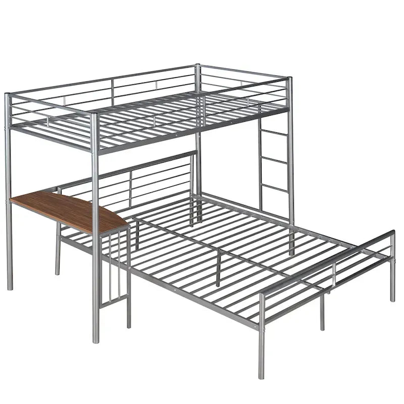 Letto a castello in metallo bianco metallizzato con scrivania, scaletta e doghe, due posti letto