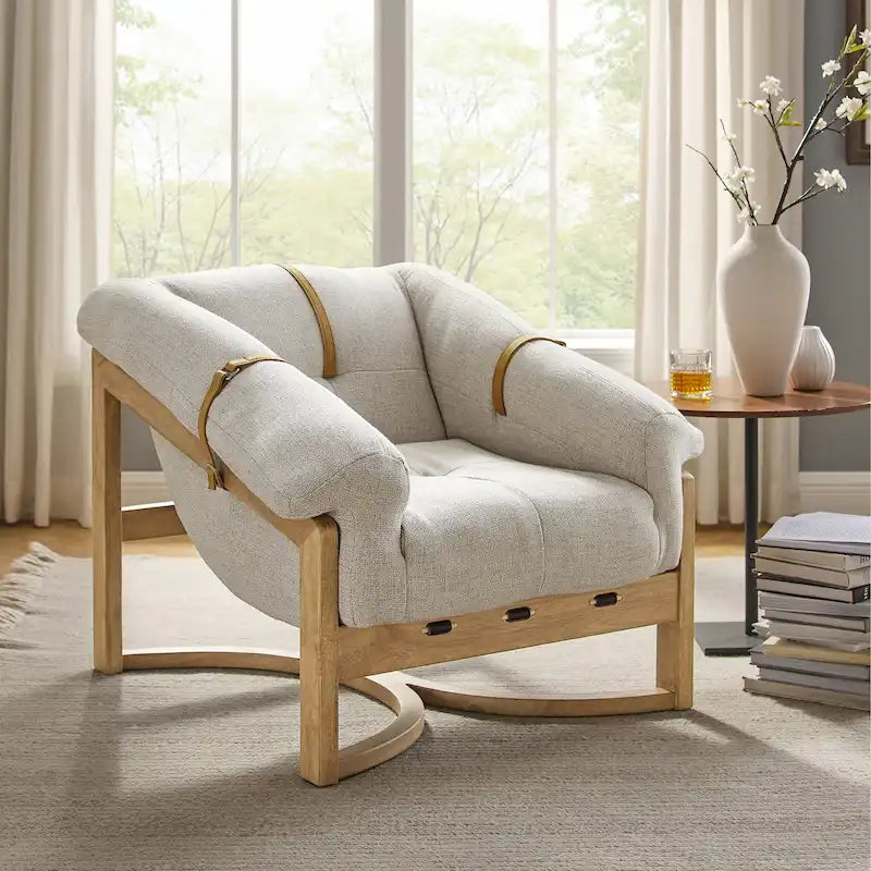 Poltrona, Rivestimento in Pelle Marrone / Tessuto Bianco Sporco, Seduta Singola, Struttura in Legno Massello