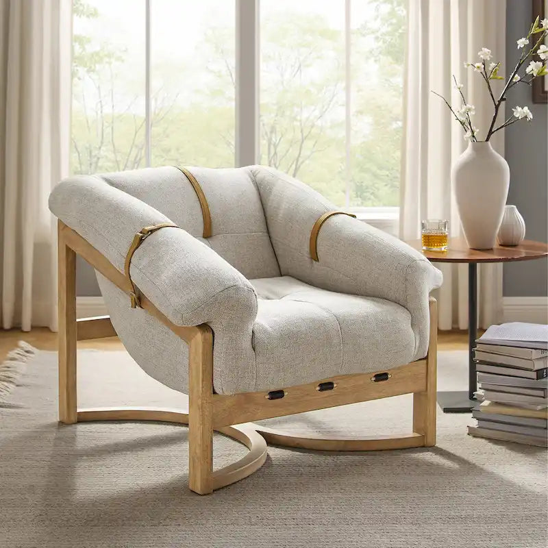 Poltrona, Rivestimento in Pelle Marrone / Tessuto Bianco Sporco, Seduta Singola, Struttura in Legno Massello
