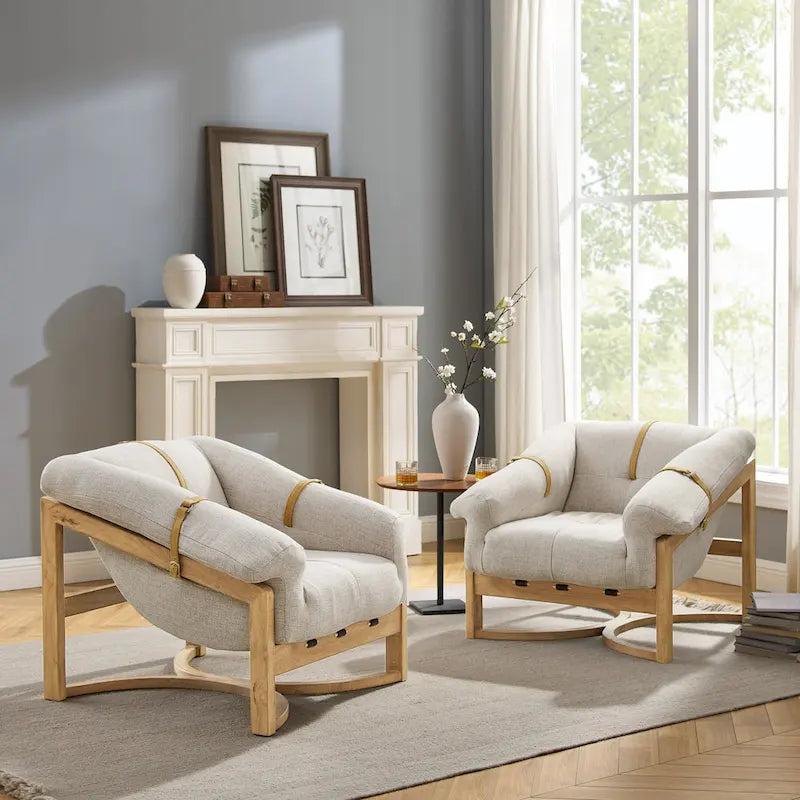 Poltrona, Rivestimento in Pelle Marrone / Tessuto Bianco Sporco, Seduta Singola, Struttura in Legno Massello