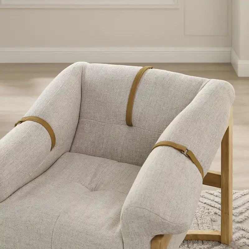 Poltrona, Rivestimento in Pelle Marrone / Tessuto Bianco Sporco, Seduta Singola, Struttura in Legno Massello