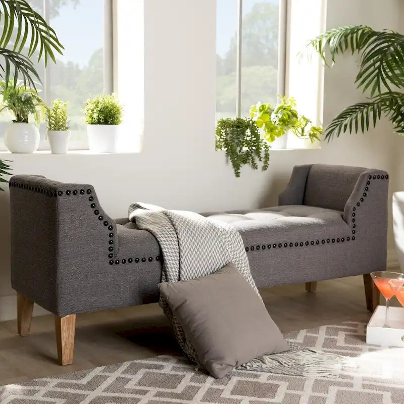 Panca a 2 posti imbottita in velluto blu/grigio con bottoni trapuntati