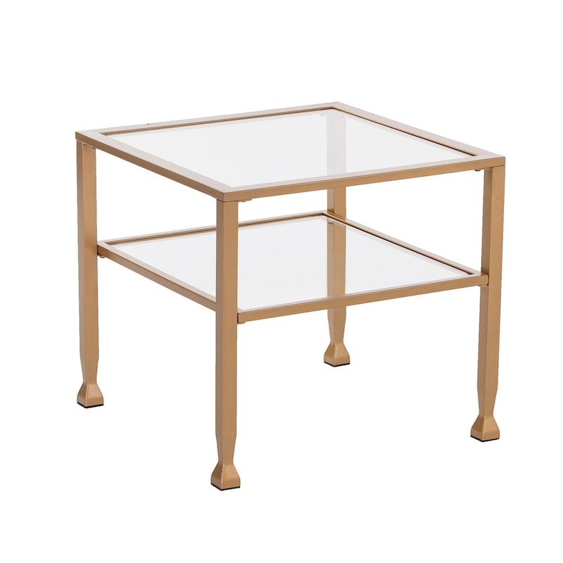 Tavolino da caffè a due ripiani in vetro bianco/oro, stile geometrico moderno, singolo