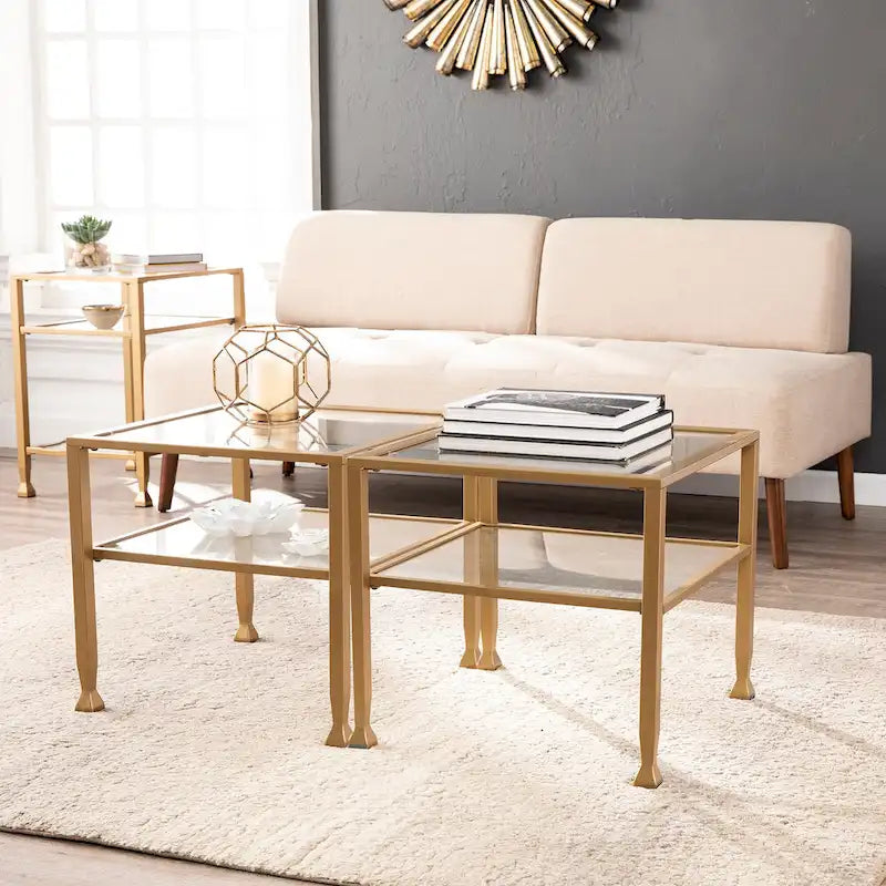 Tavolino da caffè a due ripiani in vetro bianco/oro, stile geometrico moderno, singolo