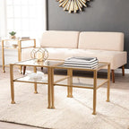 Tavolino da caffè a due ripiani in vetro bianco/oro, stile geometrico moderno, singolo