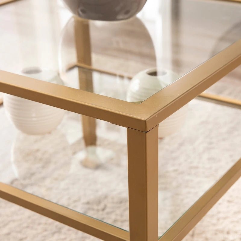 Tavolino da caffè a due ripiani in vetro bianco/oro, stile geometrico moderno, singolo