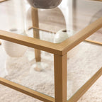 Tavolino da caffè a due ripiani in vetro bianco/oro, stile geometrico moderno, singolo