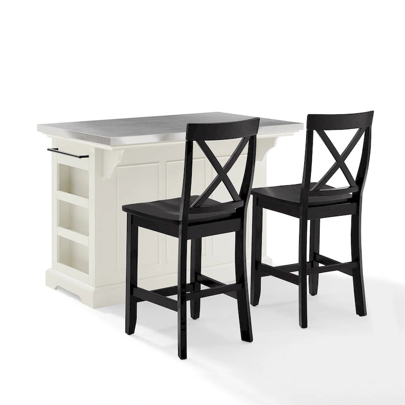 Isola da Cucina Bianca con 2 Sgabelli a Schienale a X, Top in Acciaio Inossidabile, Set da 3 Pezzi