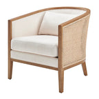 Poltrona di design in lino naturale con schienale curvo e struttura in rattan, seduta singola