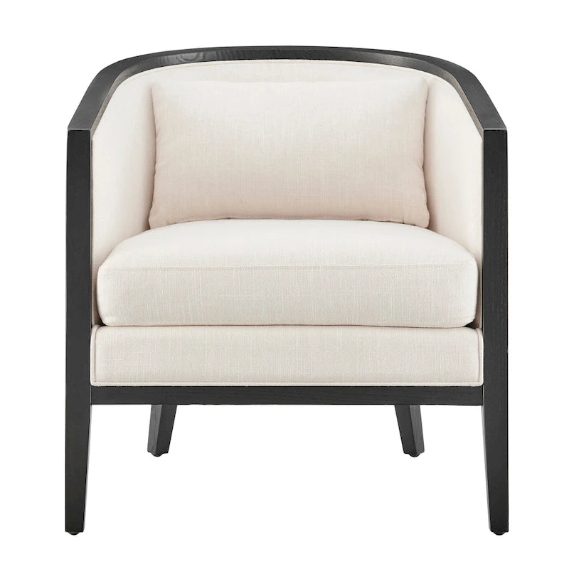 Poltrona di design in lino naturale con schienale curvo e struttura in rattan, seduta singola