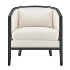 Poltrona di design in lino naturale con schienale curvo e struttura in rattan, seduta singola