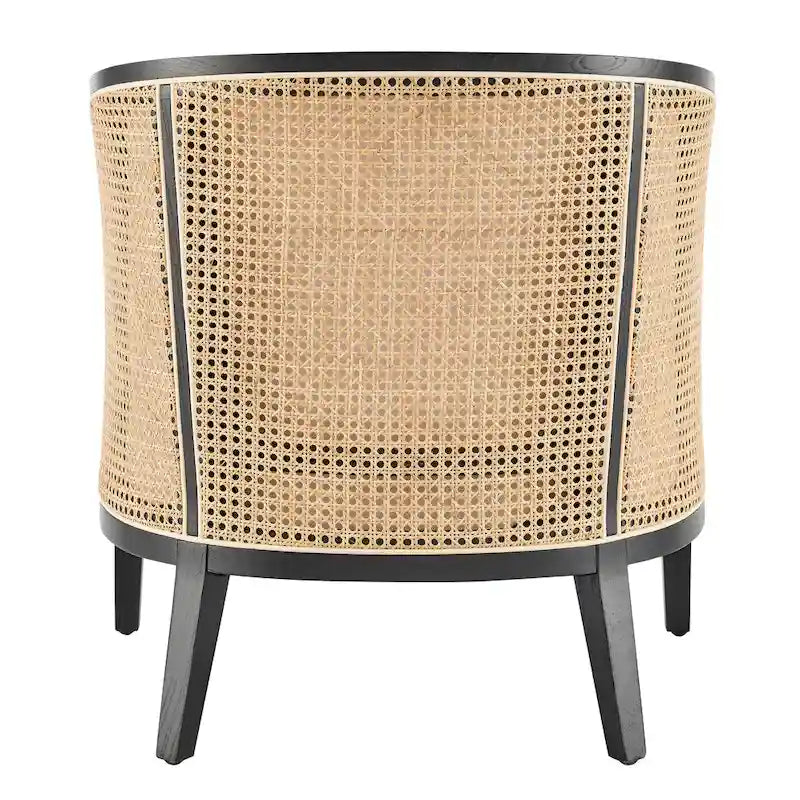 Poltrona di design in lino naturale con schienale curvo e struttura in rattan, seduta singola