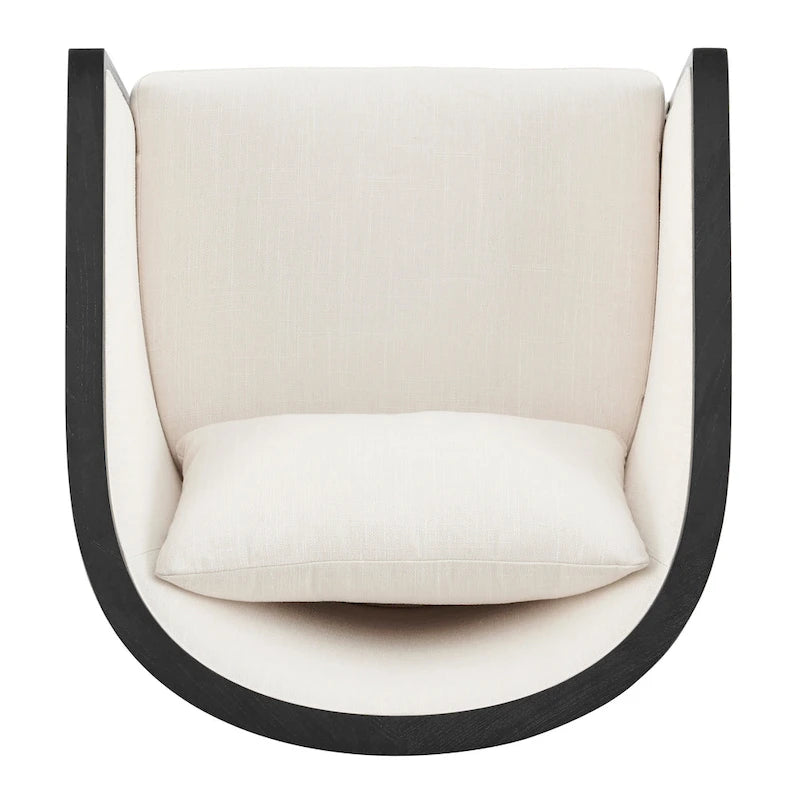 Poltrona di design in lino naturale con schienale curvo e struttura in rattan, seduta singola