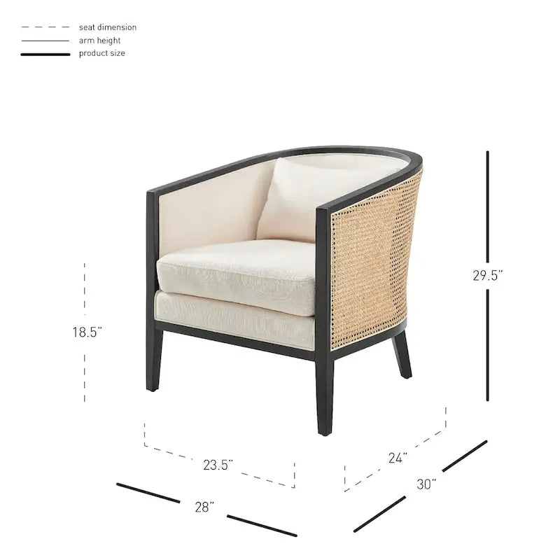 Poltrona di design in lino naturale con schienale curvo e struttura in rattan, seduta singola