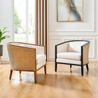 Poltrona di design in lino naturale con schienale curvo e struttura in rattan, seduta singola