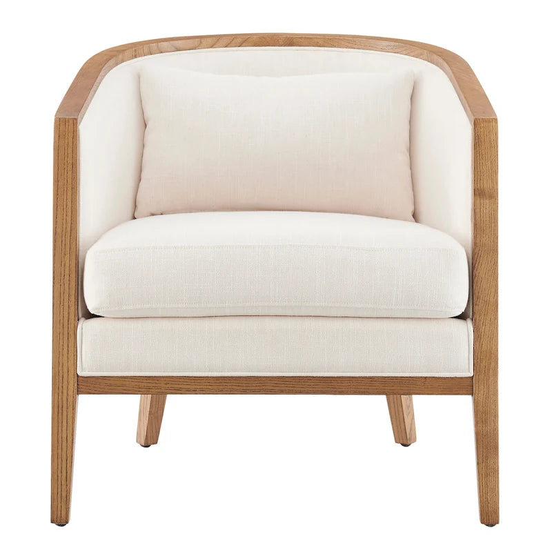 Poltrona di design in lino naturale con schienale curvo e struttura in rattan, seduta singola