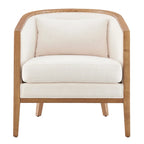Poltrona di design in lino naturale con schienale curvo e struttura in rattan, seduta singola
