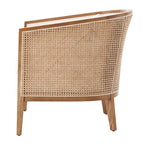 Poltrona di design in lino naturale con schienale curvo e struttura in rattan, seduta singola