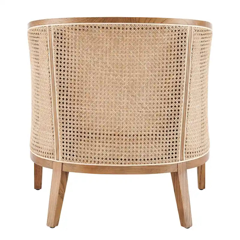 Poltrona di design in lino naturale con schienale curvo e struttura in rattan, seduta singola