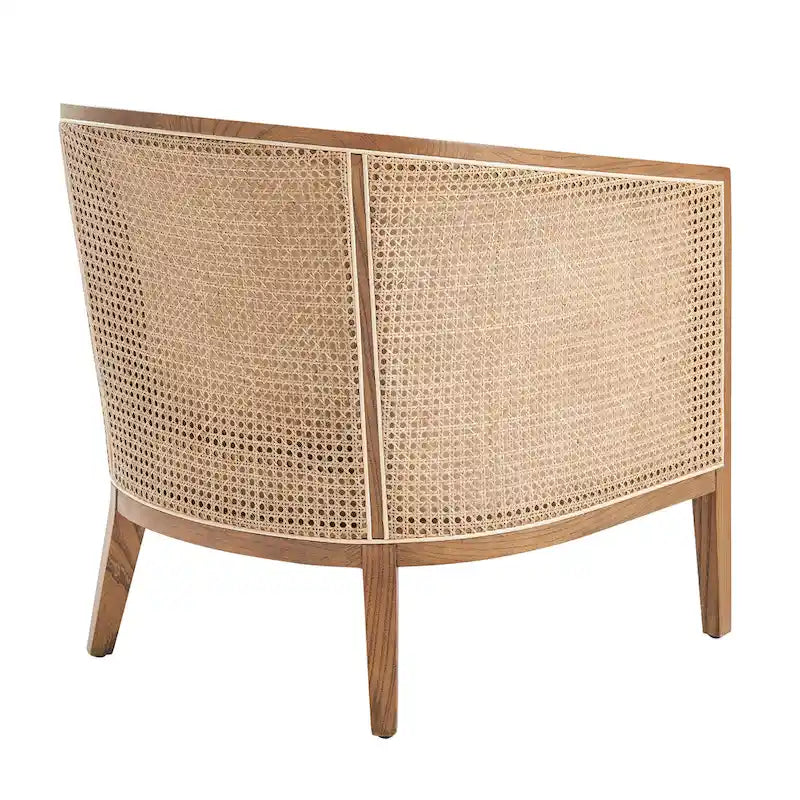 Poltrona di design in lino naturale con schienale curvo e struttura in rattan, seduta singola