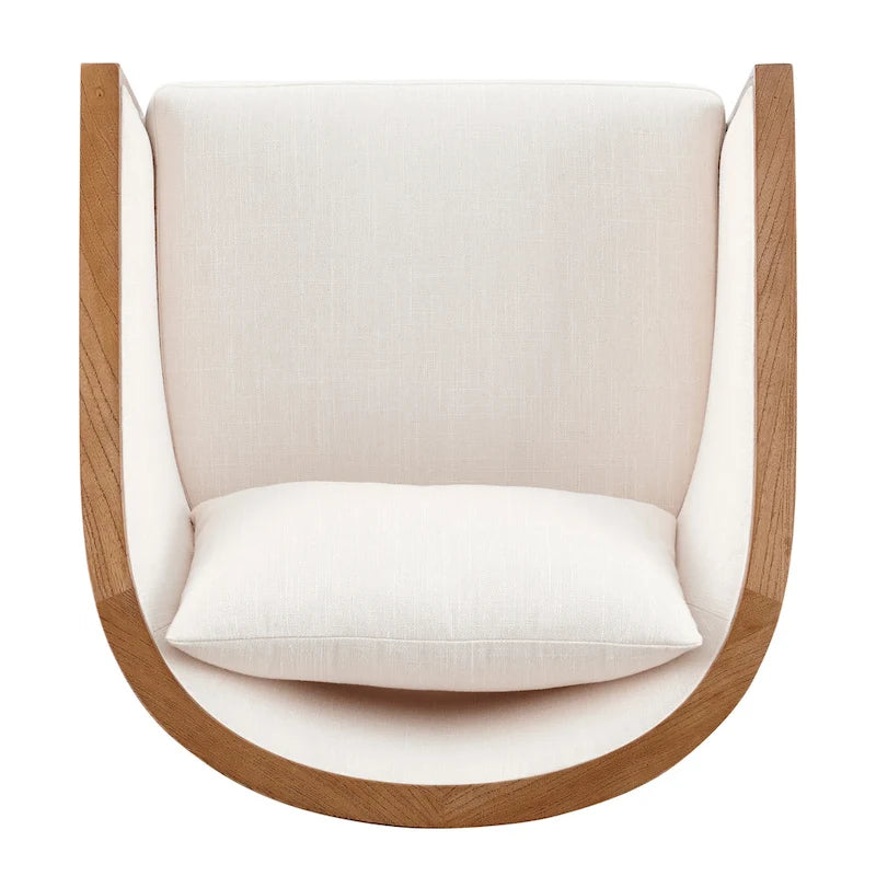 Poltrona di design in lino naturale con schienale curvo e struttura in rattan, seduta singola