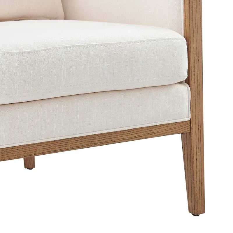 Poltrona di design in lino naturale con schienale curvo e struttura in rattan, seduta singola