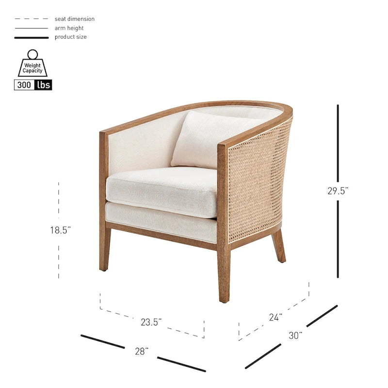 Poltrona di design in lino naturale con schienale curvo e struttura in rattan, seduta singola