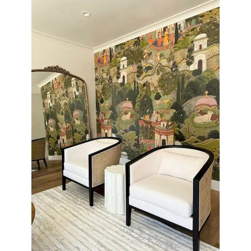 Poltrona di design in lino naturale con schienale curvo e struttura in rattan, seduta singola