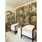 Poltrona di design in lino naturale con schienale curvo e struttura in rattan, seduta singola