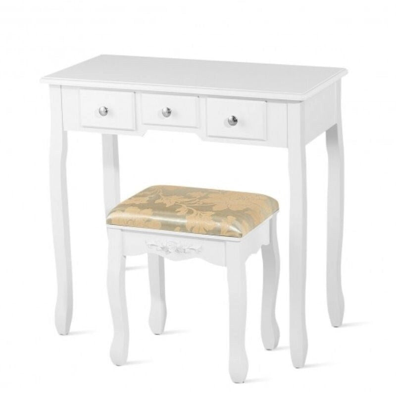 Set Toeletta Bianca con Sgabello, 5 Cassetti e Specchio Ovale, 1 Posto